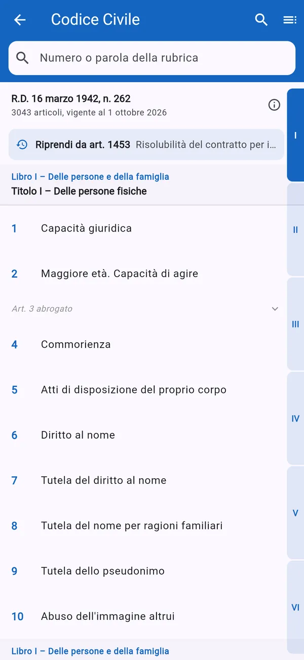 Indice del Codice civile con le tacche laterali per i sei libri